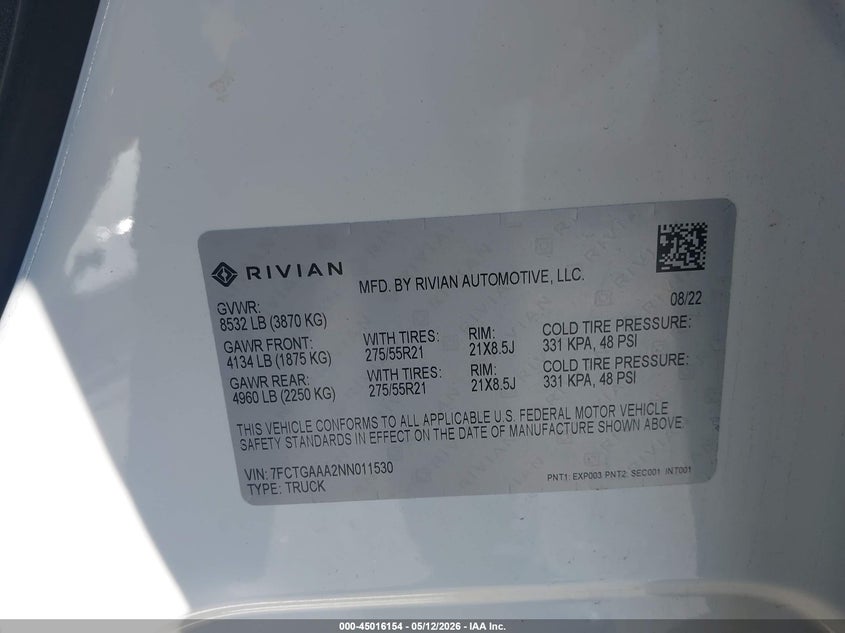 2022 Rivian R1T Adventure VIN: 7FCTGAAA2NN011530 Lot: 45016154