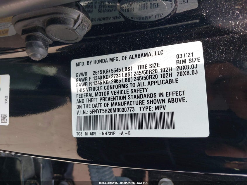 2021 HONDA PILOT SPORT UTILITY VEHICLE 3.5L V-6 DI, VVT, 280HP