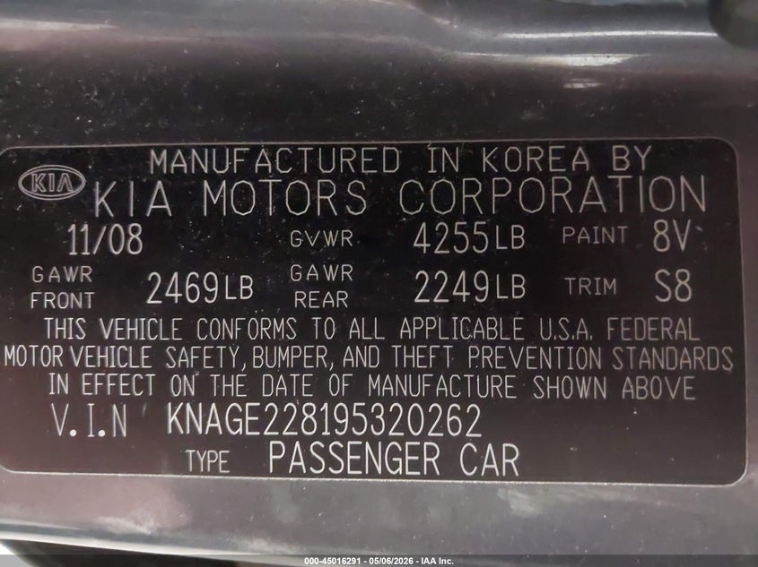 2009 Kia Optima Ex VIN: KNAGE228195320262 Lot: 45016291