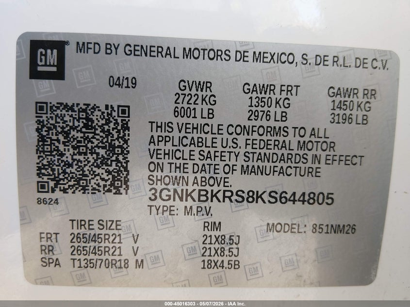 2019 Chevrolet Blazer Premier VIN: 3GNKBKRS8KS644805 Lot: 45016303