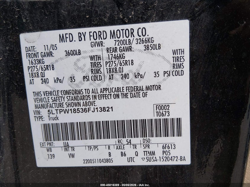 2006 Lincoln Mark Lt VIN: 5LTPW18536FJ13821 Lot: 45016389