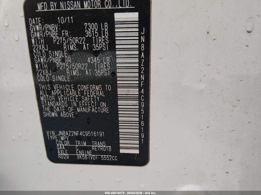 2012 Infiniti Qx56 VIN: JN8AZ2NF4C9516191 Lot: 45016479