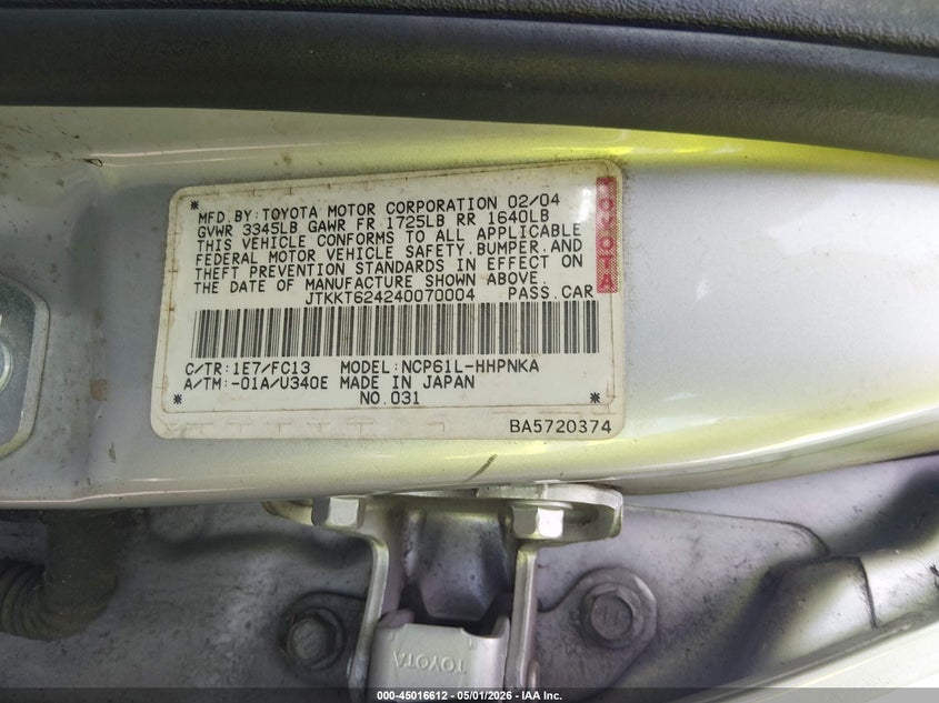 2004 Scion Xa VIN: JTKKT624240070004 Lot: 45016612