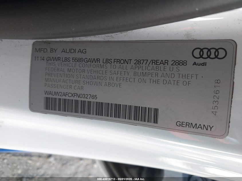 2015 Audi S7 4.0T VIN: WAUW2AFCXFN032765 Lot: 45016713