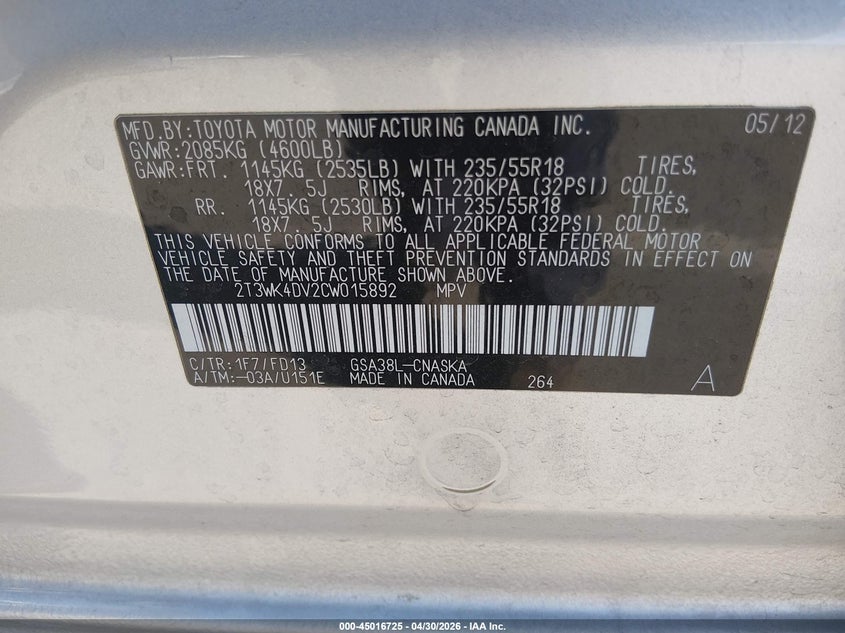 2012 Toyota Rav 4 3.5 Rav4 Sport V6 silver Lot 111045016725 Vin 2T3WK4DV2CW015892