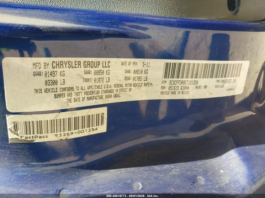 2012 Fiat 500c 1.4 Pop Blue Lot 111045016773 Vin 3C3CFFDR8CT121250
