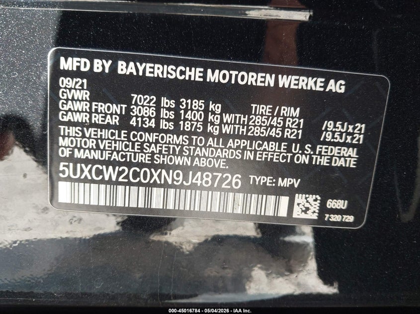 2022 BMW X7 xDrive40I VIN: 5UXCW2C0XN9J48726 Lot: 45016784