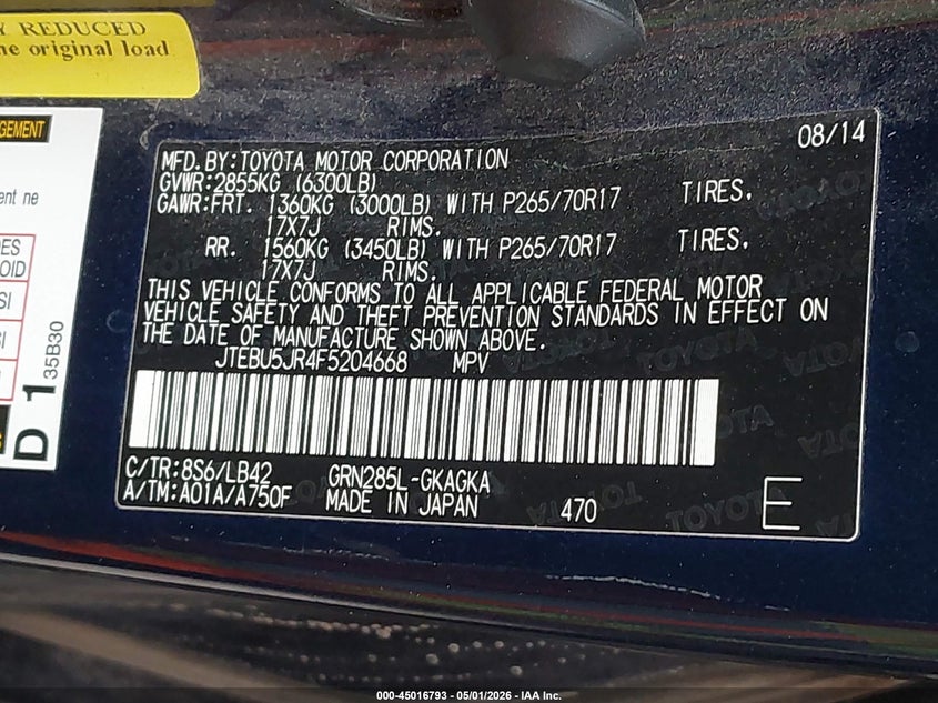 2015 TOYOTA 4RUNNER SPORT UTILITY VEHICLE 4.0L V-6 DOHC, VVT, 270HP