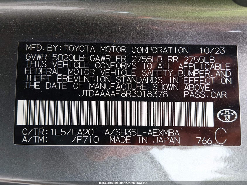 2024 Toyota Crown Xle VIN: JTDAAAAF8R3018378 Lot: 45016809