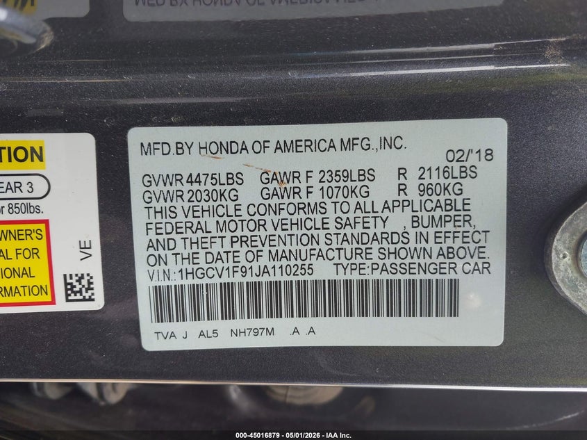 VIN 1HGCV1F91JA110255 2018 HONDA ACCORD TOURING