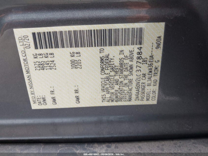 VIN 1N4AA6DV2LC377884 2020 NISSAN MAXIMA SL XTRONIC CVT