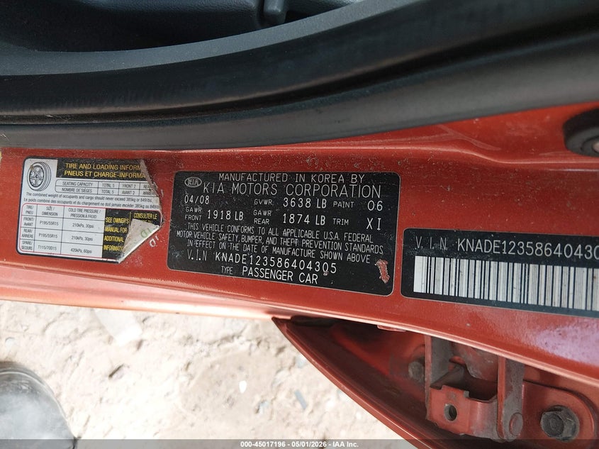 2008 Kia Rio Sx VIN: KNADE123586404305 Lot: 45017196