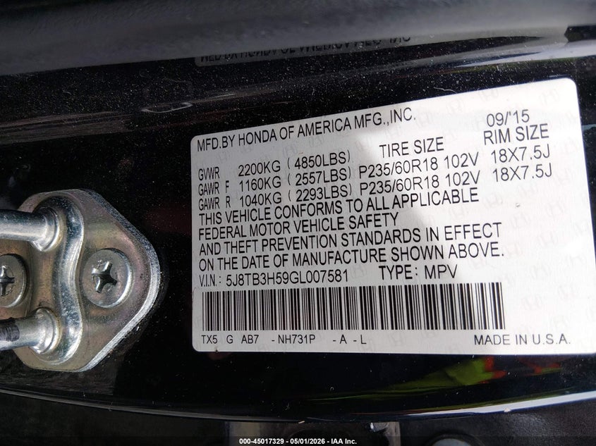 ACURA RDX 2016 VIN 5J8TB3H59GL007581