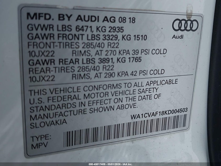 2019 Audi Q8 55 Premium VIN: WA1CVAF18KD004503 Lot: 45017409