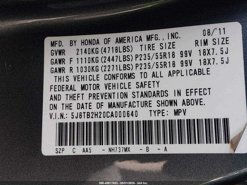 2012 Acura Rdx 2.3 grey Lot 111045017453 Vin 5J8TB2H20CA000640