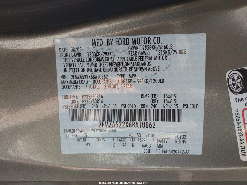 2006 Ford Freestar Sel VIN: 2FMZA522X6BA10862 Lot: 45017468
