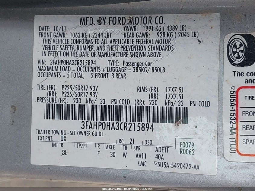 2012 FORD FUSION SEDAN 2.5L I-4 DOHC, VVT, 175HP