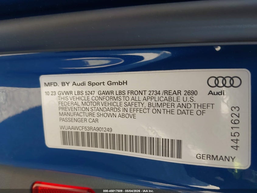 2024 Audi Rs 5 Sportback Tfsi Quattro Tiptronic VIN: WUAAWCF53RA901249 Lot: 45017509