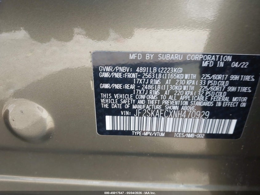 2022 SUBARU FORESTER SPORT UTILITY VEHICLE 2.5L H-4 DI, DOHC, VVT, 182HP