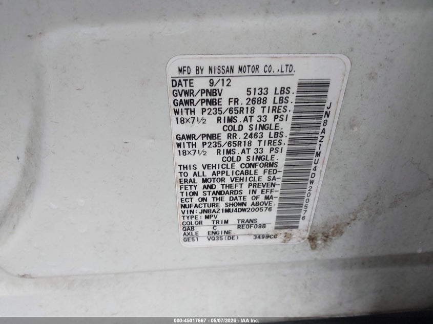 2013 Nissan Murano Sl VIN: JN8AZ1MU4DW200576 Lot: 45017667