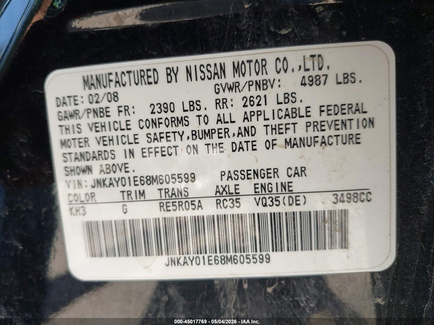 2008 Infiniti M35 VIN: JNKAY01E68M605599 Lot: 45017769