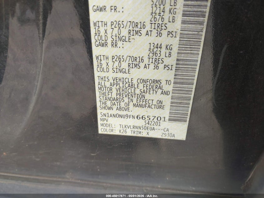 2015 Nissan Xterra S VIN: 5N1AN0NU9FN665701 Lot: 45017871
