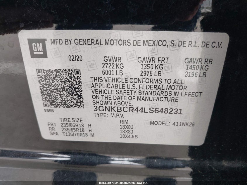 VIN 3GNKBCR44LS648231 2020 CHEVROLET BLAZER FWD 2LT
