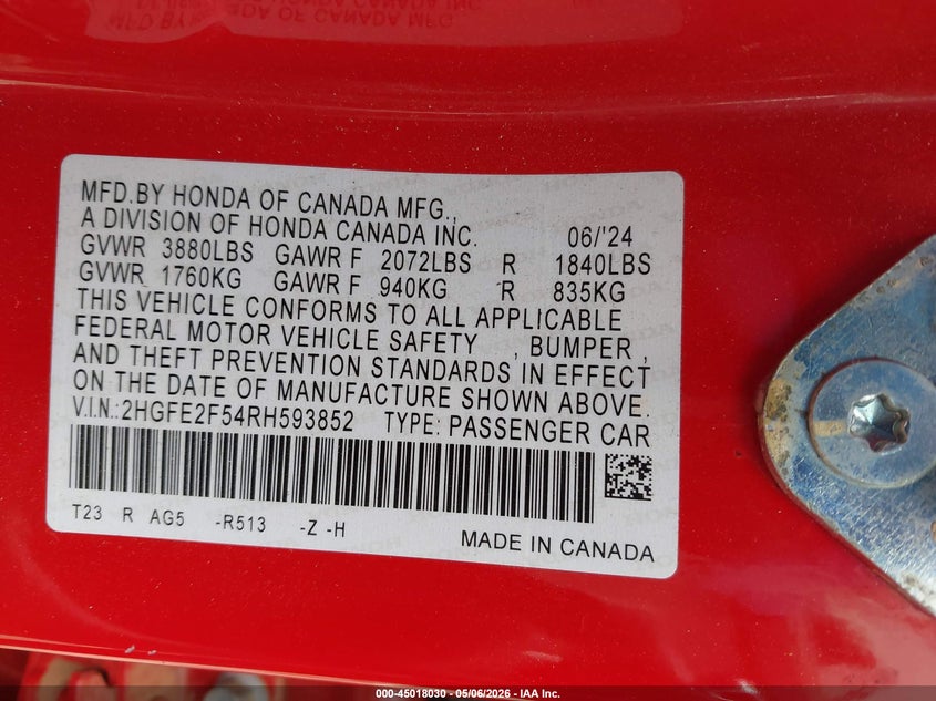VIN 2HGFE2F54RH593852 2024 HONDA CIVIC SPORT