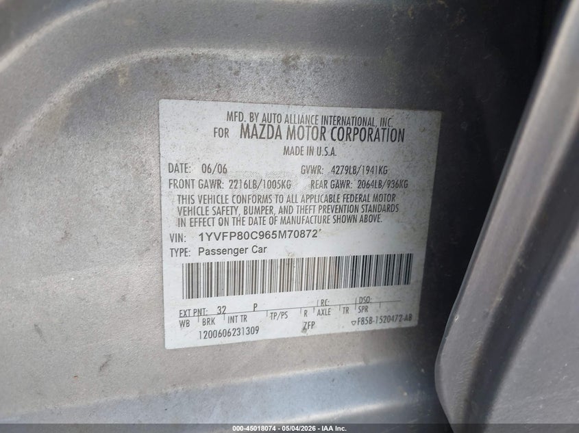 2006 Mazda Mazda6 I VIN: 1YVFP80C965M70872 Lot: 45018074