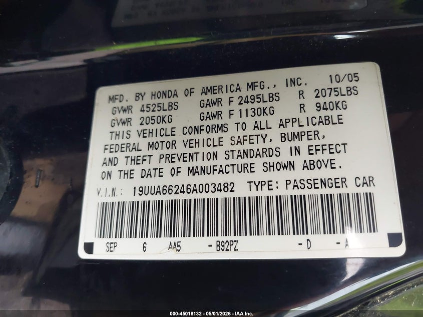 2006 Acura Tl VIN: 19UUA66246A003482 Lot: 45018132