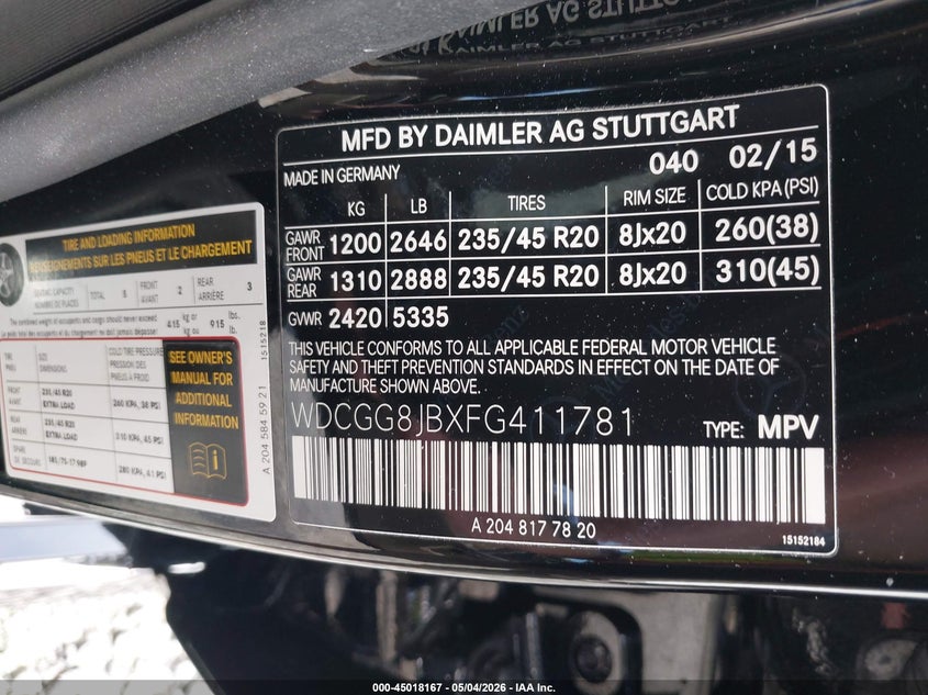2015 Mercedes-Benz Glk 350 4Matic VIN: WDCGG8JBXFG411781 Lot: 45018167