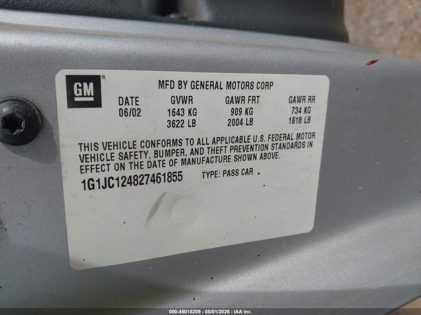 2002 Chevrolet Cavalier VIN: 1G1JC124827461855 Lot: 45018209