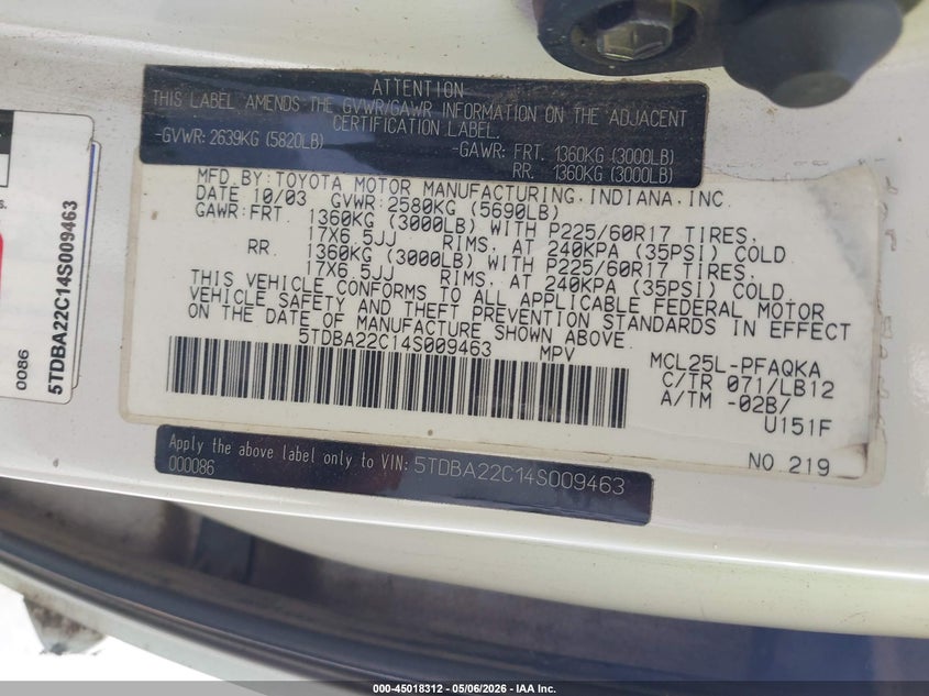 2004 TOYOTA SIENNA VAN 3.3L V-6 DOHC, VVT, 230HP