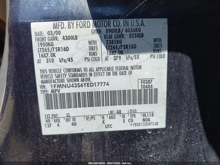 2000 Ford Excursion Limited VIN: 1FMNU43S6YED17774 Lot: 45018529