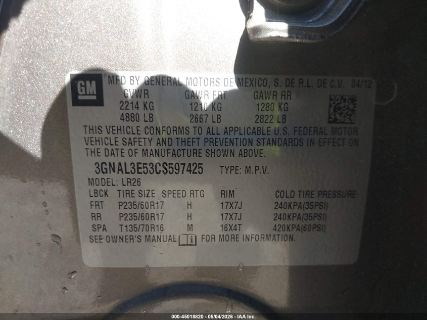 2012 Chevrolet Captiva Sport Lt VIN: 3GNAL3E53CS597425 Lot: 45018820