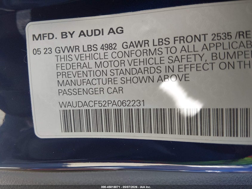 2023 Audi A5 Sportback Premium 45 Tfsi S Line Quattro S Tronic VIN: WAUDACF52PA062231 Lot: 45018871