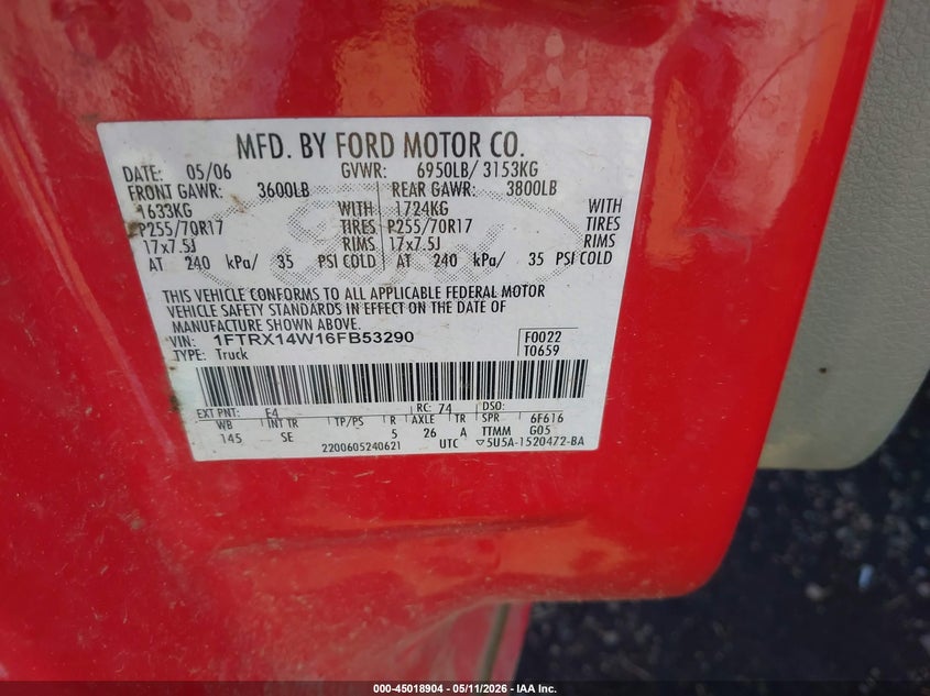 2006 Ford F-150 4.6 Stx/Xl/Xlt red Lot 111045018904 Vin 1FTRX14W16FB53290