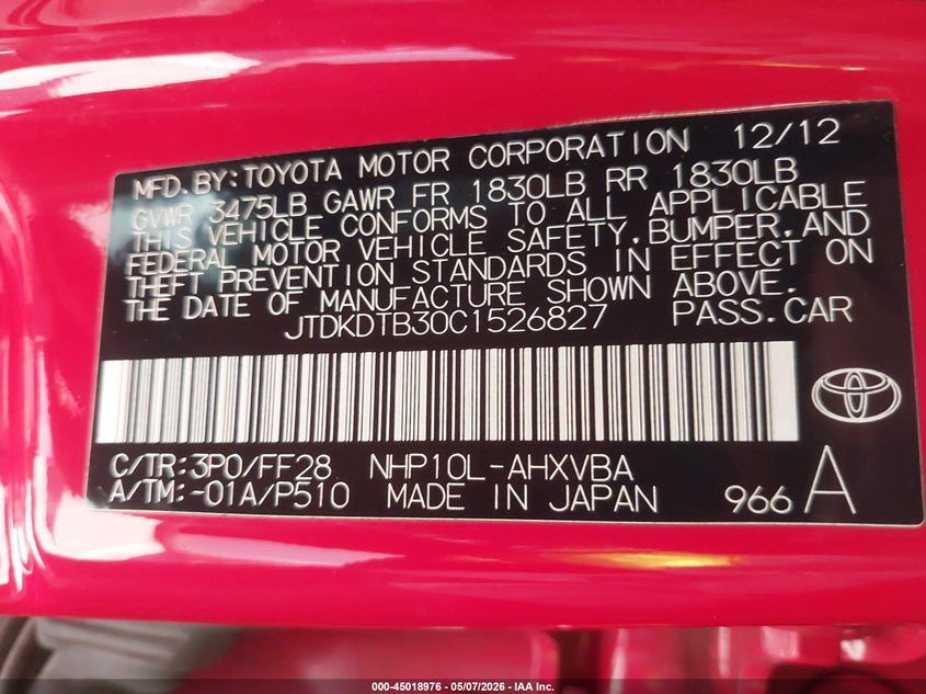 2012 Toyota Prius C Two VIN: JTDKDTB30C1526827 Lot: 45018976