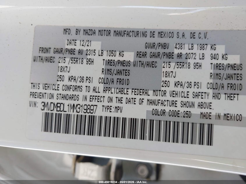 MAZDA CX-30 2021 VIN 3MVDMBDL1MM319897