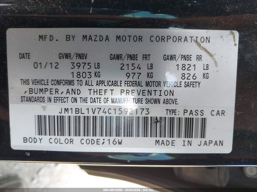 2012 Mazda 3 2.0 I Touring black Lot 111045019268 Vin JM1BL1V74C1592173