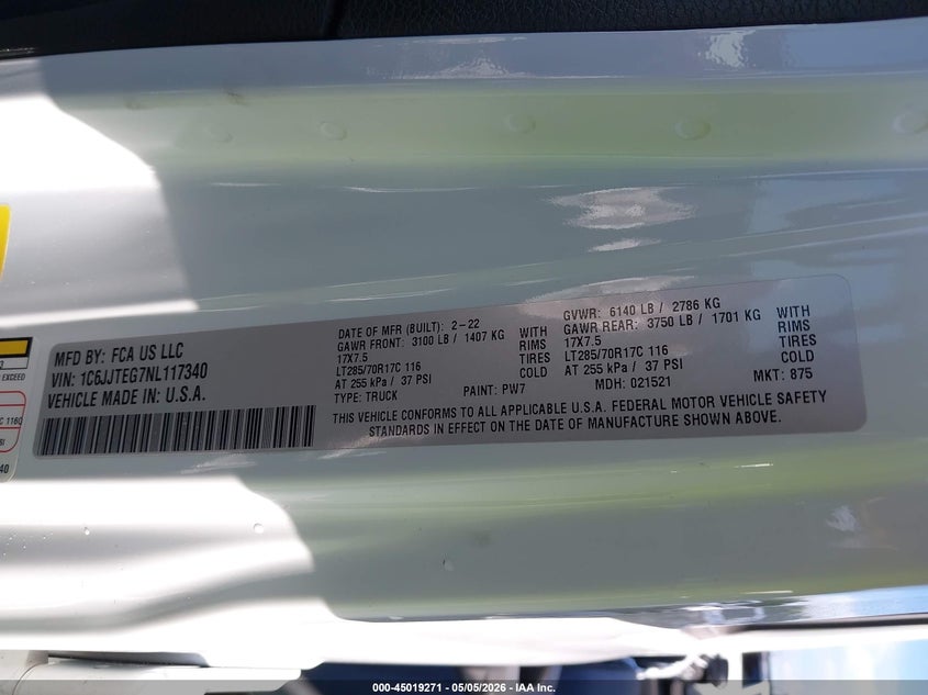 2022 Jeep Gladiator Mojave 4X4 VIN: 1C6JJTEG7NL117340 Lot: 45019271
