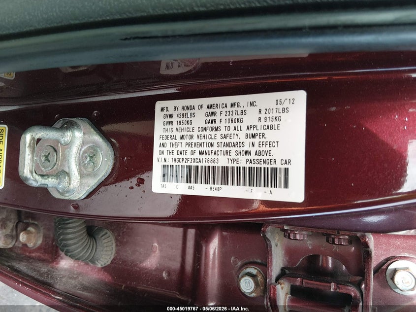 2012 Honda Accord 2.4 2.4 Lx brown Lot 111045019767 Vin 1HGCP2F3XCA176883