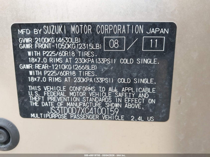 2012 Suzuki Grand Vitara Limited VIN: JS3TD0D7XC4100159 Lot: 45019785