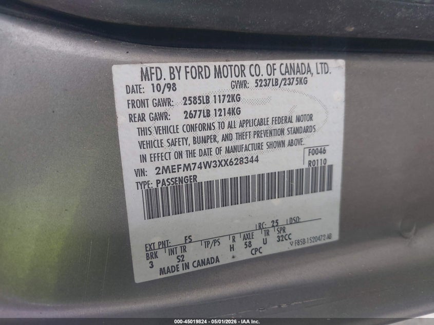 1999 Mercury Grand Marquis Gs VIN: 2MEFM74W3XX628344 Lot: 45019824