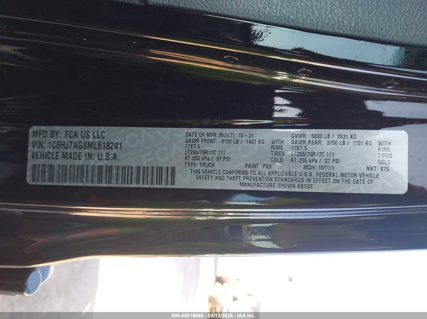 2021 Jeep Gladiator Texas Trail 4X4 VIN: 1C6HJTAG8ML618241 Lot: 45019866