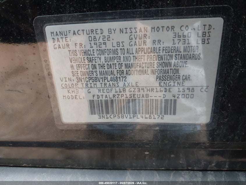 VIN 3N1CP5BV1PL468172 2023 NISSAN KICKS S XTRONIC CVT