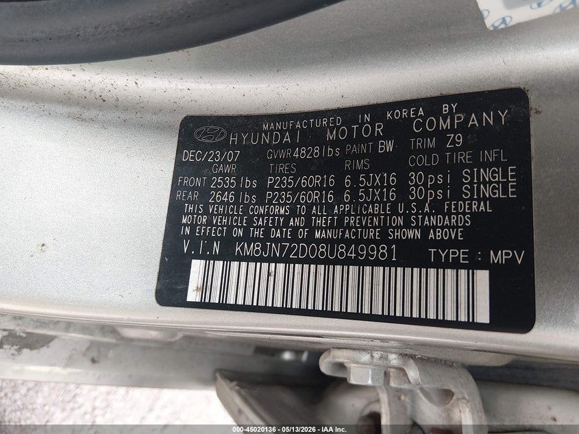 2008 Hyundai Tucson Limited V6/Se VIN: KM8JN72D08U849981 Lot: 45020136
