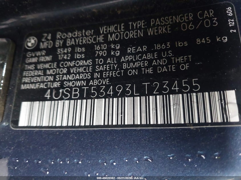 2003 BMW Z4 3.0I VIN: 4USBT53493LT23455 Lot: 45020382