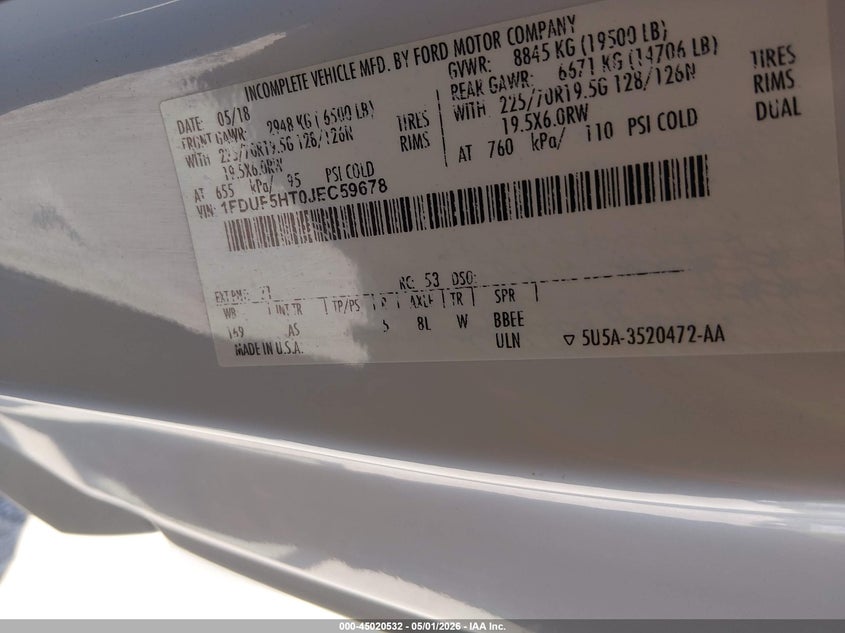 2018 Ford F-550 Chassis Xl VIN: 1FDUF5HT0JEC59678 Lot: 45020532