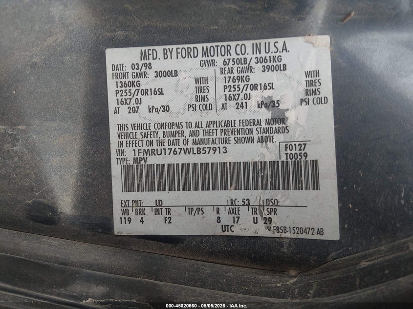 1998 Ford Expedition Eddie Bauer/Xlt VIN: 1FMRU1767WLB57913 Lot: 45020660